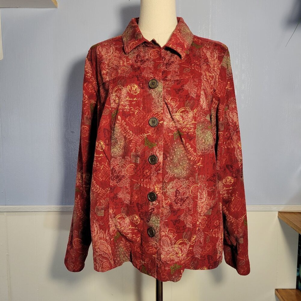 C.J. Banks Size X Red Green Butterfly Patchwork Button Up Lightweight Jacket